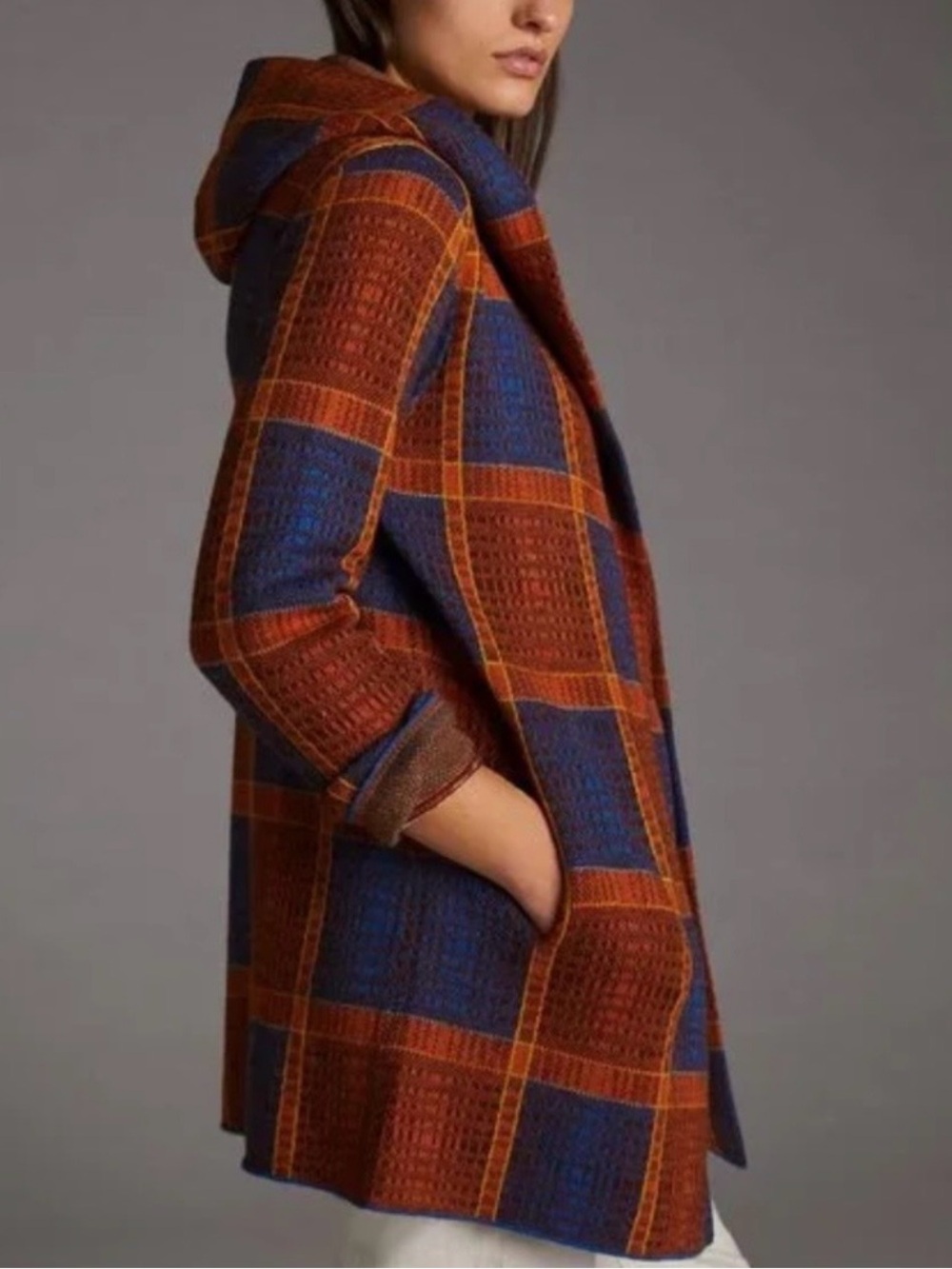 Anthropologie Brown Plaid Wool Jacket with Navy Trim